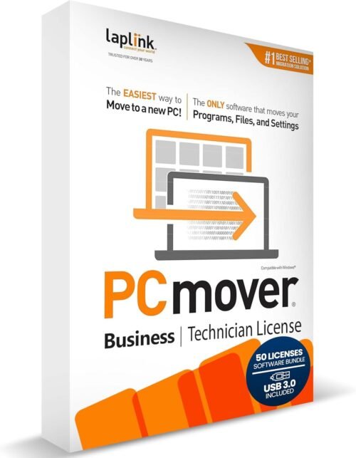 Laplink PCmover Migration Software – Initial Pay-Per-Use License Fee – Monthly invoicing for additional uses – $19.95/license – With Super Speed USB 3.0 cable – Business Technician, 50 Licenses