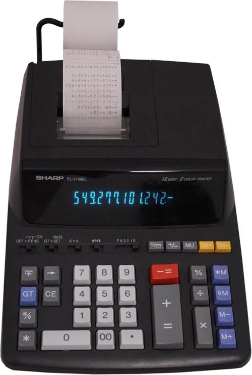 Sharp 12-Digit Print Calculator Desktop Size Adding Machine, Perfect for Everyday Use and Office, Bright, Large Easy-to-Read Numbers on Both The Display and The Two-ColorPrinted Tape (EL2196BL)